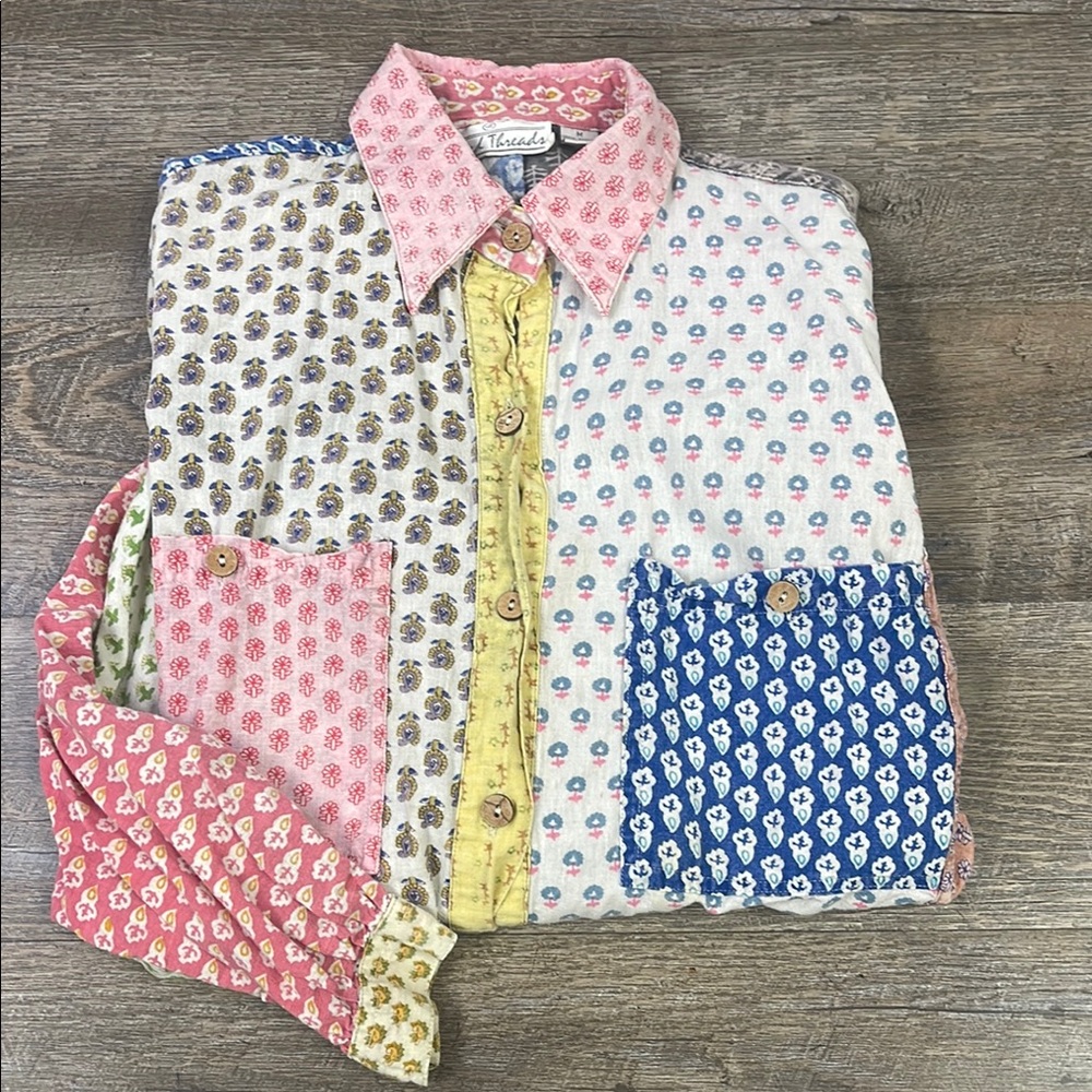 Sacred Threads Colorful Patchwork Button Down Shi… - image 2